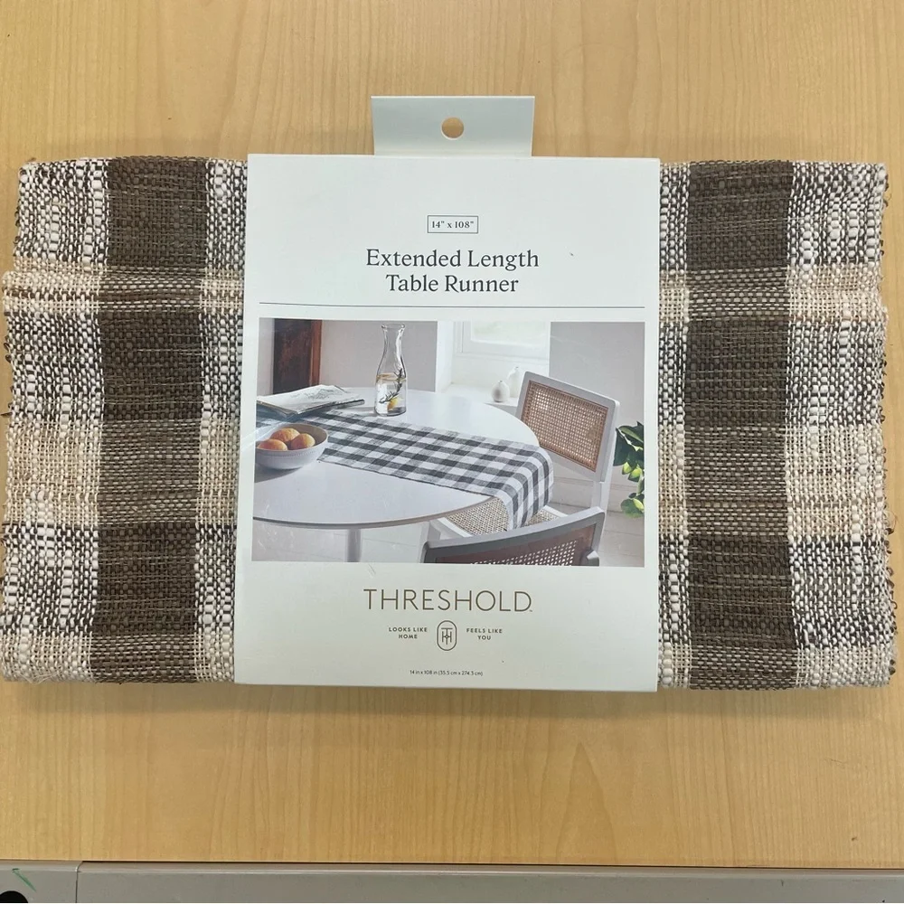 Threshold Plaid Brown & Tan Table Runner - Hemp - Rayon Cotton- Linen Blend